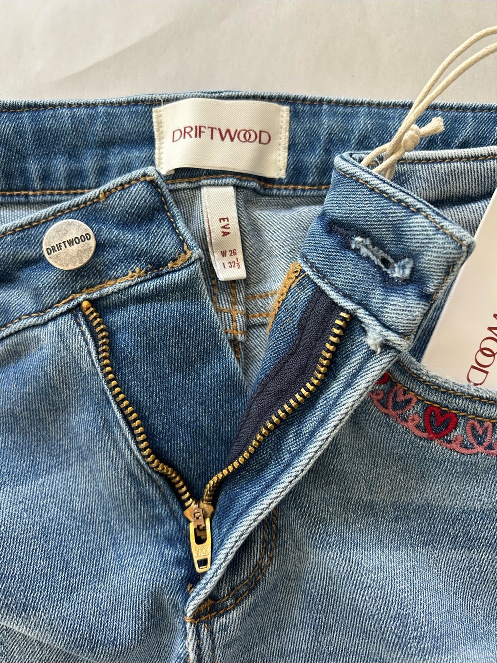 DRIFTWOOD Eva Love Letter Bootcut Embroidered Jeans, 26 NWT - Picture 8 of 12